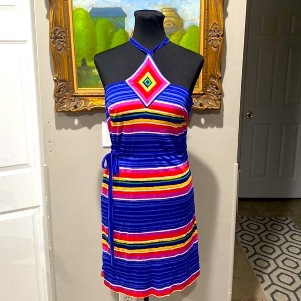 Trina Turk Hi Neck Halter Tie Neck Colorful Striped Dress Side Zip Size 4